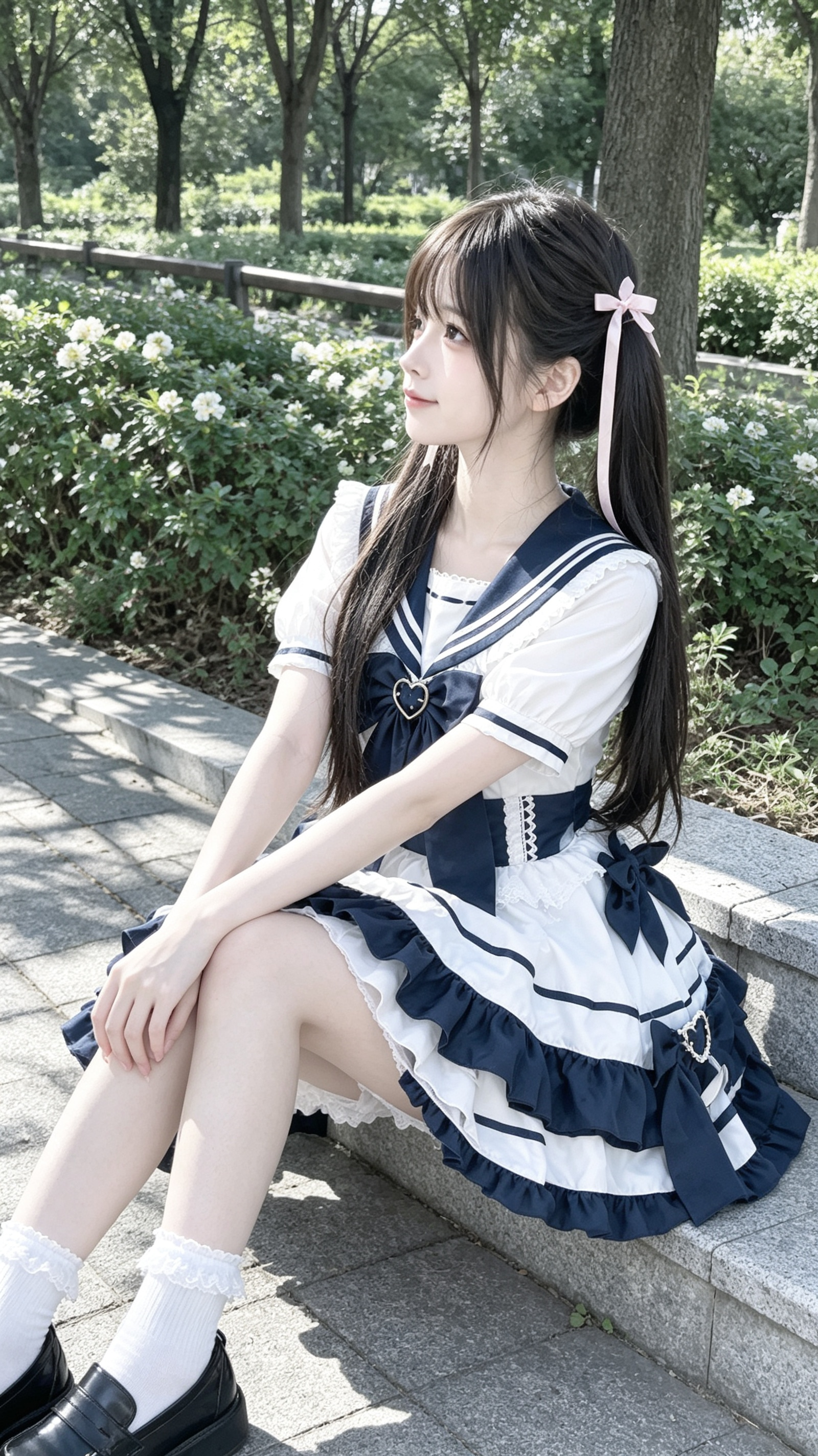 AI写真公园侧坐少女配图
